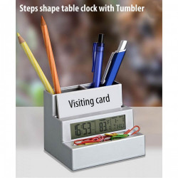 Steps shape table clock (with tumbler and visiting card holder)